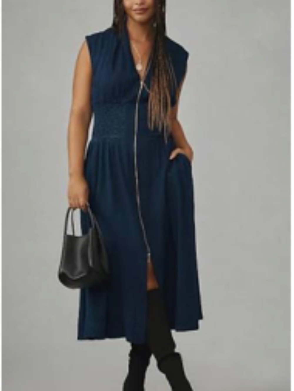 Anthropologie Tommie Cap-Sleeve Smocked Front-Zip Midi Shirt Dress